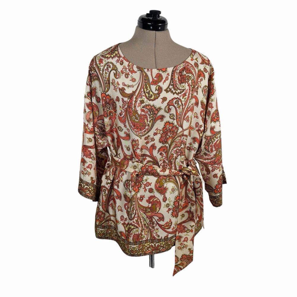 Talbots Silk Tunic 10P Orange Paisley Kimono Blouse Belted Silk Top Coastal Boho